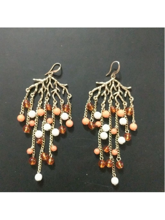 Jewelry - Gold Tone Branch Coral White Peach Beaded Chandelier Dangle Statement Earrings